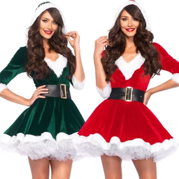 2019 Yetişkin Bayan Kadın Slim Fit Kapşonlu Seksi Kadife Noel Takım Elbise Kostümleri Kadın Noel Baba Cosplay Noel fantezi parti elbisesi