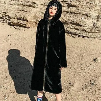2020 Yeni Uzun Faux Kürk Ceket Kadınlar Kış Kapşonlu Tavşan Kürk Palto Kalınlaşmak Sıcak Artı Boyutu Dış Giyim
