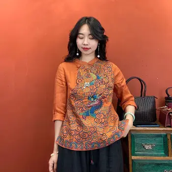 2021 Geleneksel Çin Giyim Kadınlar için Retro Çiçek İşlemeli Hanfu Üst Zarif Oryantal Tang Takım Elbise Çin Gömlek