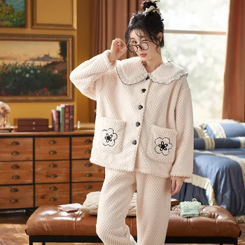2022 Kış Yeni Yaka Küçük Kokulu Tarzı Ev Giysileri Mercan Polar Pijama kadın Kış Kalınlaşma Tatlı Pijama Takım Elbise