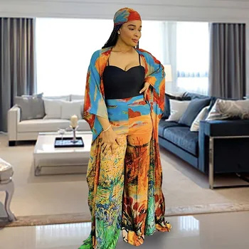 2022 Yaz Afrika Giysi Kadınlar için 3 Parça Set Dashiki Moda uzun elbise Setleri Pantolon Takım Elbise Kıyafetler Parti Elbiseler Eşarp ile