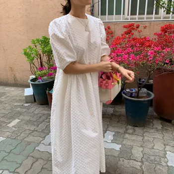 2022 Yaz Elbise Kadın Gevşek uzun elbise Vintage Beyaz Parti Elbiseler Zarif Kadın Kısa Kollu Polka Dot Fransız Giyim 13720 3