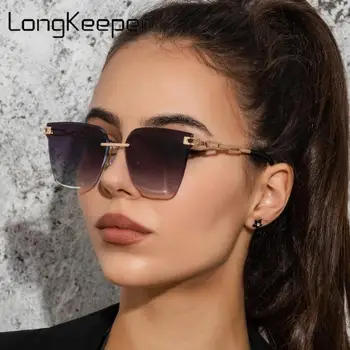 2022 Yeni Retro Büyük Boy Çerçevesiz Güneş Gözlüğü Kadın Yaz Kahverengi Kedi Gözü Degrade güneş gözlüğü Kadın Moda Çerçevesiz Gözlük UV