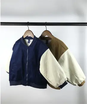 2022 Yeni çocuk Kore kış giysileri Yeni erkek ve kız renk kontrast ekleme yuvarlak yama kadife gevşek bombacı ceket 1