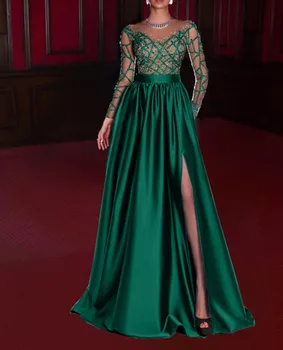 A-Line Yeşil Balo Pageant Elbise 2023 Şeffaf Uzun Kollu V Boyun Boncuk Kadınlar Örgün Abiye giyim Vestidos Robe De Soirée