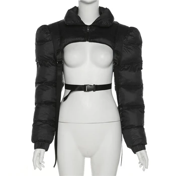 Adogirl Hollow Out Bandaj Pamuk Yastıklı Ceketler Kadınlar için 2022 Kış Standı Yaka Uzun Kollu Sapanlar Toka Mont Kırpma Üstleri 2