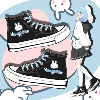 Amy ve Michael 2022 Yeni Güzel Tavşan Anime Karikatür kanvas ayakkabılar Kızlar Öğrenciler Rahat Yüksek Top Plimsolls Kadın vulkanize ayakkabı