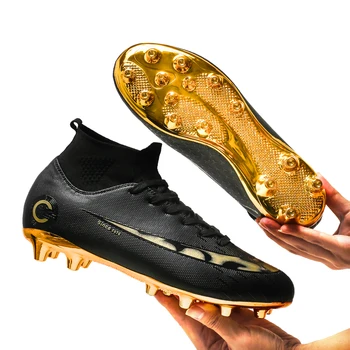 Açık Yüksek Top Suni Çim Erkekler futbol ayakkabıları Unisex AG Uzun Sivri Sert Kavrama Cleats Futbol spor ayakkabılar Altın Taban 2