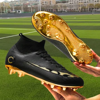 Açık Yüksek Top Suni Çim Erkekler futbol ayakkabıları Unisex AG Uzun Sivri Sert Kavrama Cleats Futbol spor ayakkabılar Altın Taban 3