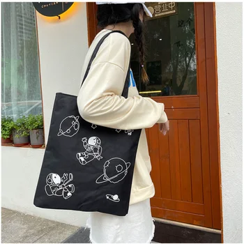 Bayanlar Büyük Kapasiteli alışveriş çantası Tüm Maç Karikatür Desen Çanta Katlanabilir Kullanımlık Bez Alışveriş Çantası Öğrenci Tuval Tote Çanta