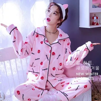 Bayanlar kışlık pijama Kızlar Uzun Kollu Kalınlaşmak Fanila Gevşek Mercan Polar Pijama Takım Elbise Kadın Sonbahar Kore Gecelik H5639