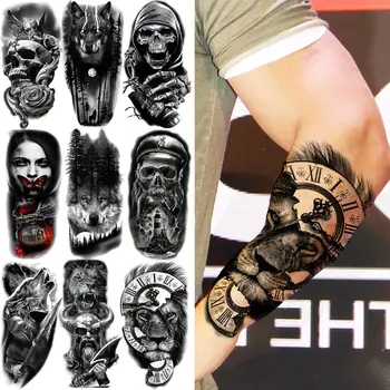 Büyük Aslan Pusula Geçici Dövmeler Erkekler Yetişkinler İçin Gerçekçi Kafatası Kaptan Aslan Kurt Cadılar Bayramı Sahte Dövme Etiket Dövmeler 3D