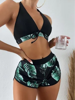 Dantel-up Bikini Estetik 3 Parça Mayo Şort Kadın Plaj Mayo Push Up Moda Halter Seksi Mayo 2022 Yaz 0