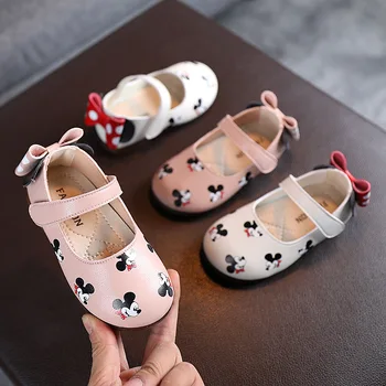 Disney Karikatür Mickey Mouse Çocuklar deri ayakkabı Kızlar İçin Prenses Yay Çocuk Düz Topuk Kelebek Yürümeye Başlayan Rahat tek ayakkabı