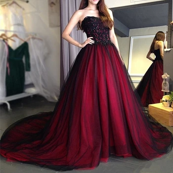 Eightale Gotik Siyah ve Kırmızı düğün elbisesi Sevgiliye Boncuk Lace Up Uzun Siyah Bordo gelinlikler gelinlik 2019 0