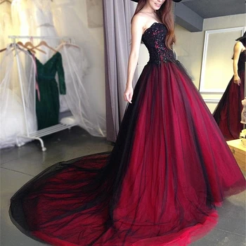 Eightale Gotik Siyah ve Kırmızı düğün elbisesi Sevgiliye Boncuk Lace Up Uzun Siyah Bordo gelinlikler gelinlik 2019 1