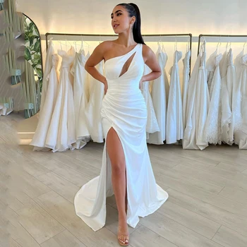 Eightre Beyaz Mermaid Gelinlik Bir Omuz Saten gelinlik 2022 Bobo Plaj Yüksek Bölünmüş Düğün Abiye giyim Artı Boyutu