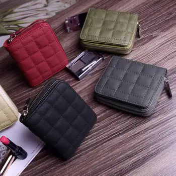 Fermuar Kısa Kadın Cüzdan PU Deri Kadın Dikiş Ekose bozuk para cüzdanı Nubuk kart tutucu Moda Kadın Küçük Para Çantaları