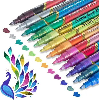 GUANGNA DIY Çift Renk Vurgulayıcı Metalik işaretleyici kalem Neon Metalik Glitter Kalem Dergisi Karalama Defteri Günlüğü Suluboya Kalem