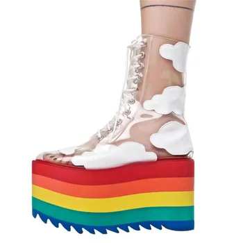 Gökkuşağı Platformu Kadın Ayakkabı Bulut Baskı Süper Yüksek Topuk Orta buzağı Çizmeler Çapraz bağlı Lace up Bayanlar Şeffaf PVC