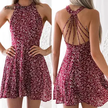 Hirigin Bayan Boho Plaj Yaz Tatil tumblr Sundress Halter Çiçek Mini Elbise Bayanlar Ince Kolsuz vestido playa