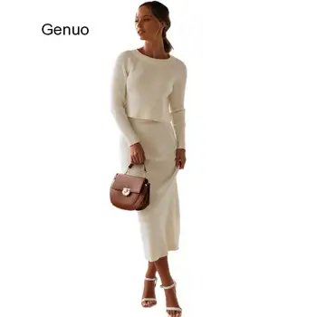 Iki Parçalı Set Kadın Etekler Uzun Kollu Mahsul Tops + Kalem Etek 2 Parça Set Kadın Kadın Kazak + Örme Etek Seti Kış Takım Elbise