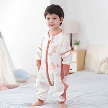 Ilkbahar Yaz Kısa Kollu Pijama Bebek uyku tulumu Çift Gazlı Bez Saf Pamuk Zip Çocuklar Nighty Bodysuit Erkek Kız için 0