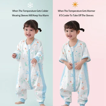 Ilkbahar Yaz Kısa Kollu Pijama Bebek uyku tulumu Çift Gazlı Bez Saf Pamuk Zip Çocuklar Nighty Bodysuit Erkek Kız için 1