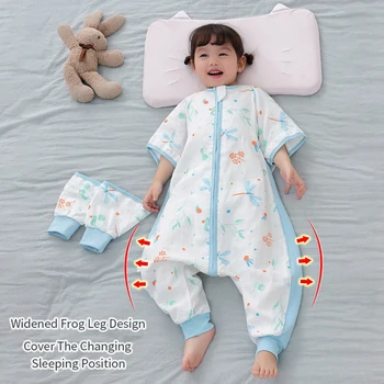 Ilkbahar Yaz Kısa Kollu Pijama Bebek uyku tulumu Çift Gazlı Bez Saf Pamuk Zip Çocuklar Nighty Bodysuit Erkek Kız için 2