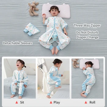 Ilkbahar Yaz Kısa Kollu Pijama Bebek uyku tulumu Çift Gazlı Bez Saf Pamuk Zip Çocuklar Nighty Bodysuit Erkek Kız için 3