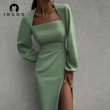 INGOO Fener Uzun Kollu Elbiseler Kadın Zarif Parti Kulübü Kare Boyun Yeşil Bodycon Seksi Yarık Elbise Mavi Mizaç Uzun Elbise