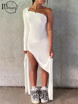 Inwoman Sonbahar Seksi Beyaz Asimetrik Yan Yarık Maxi Elbiseler Kulübü Kıyafet Kadınlar 2022 Uzun Tek Kollu Parti uzun elbise Kadın