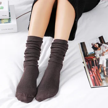 Japon Kore Lise Kız Çorap Pamuk Düz Renk Gevşek Uzun Çorap Pamuk Örgü Siyah Beyaz Kahve kadın Çorap 4