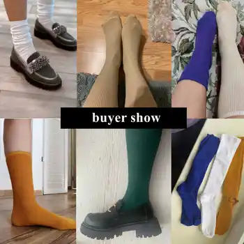 Japon Kore Lise Kız Çorap Pamuk Düz Renk Gevşek Uzun Çorap Pamuk Örgü Siyah Beyaz Kahve kadın Çorap 5