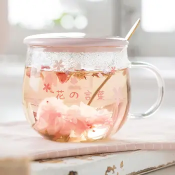 Japonya Tarzı Cam Kupa Sevimli Pembe Kawaii Drinkware Süt Kahve Su Bardağı Mutfak Ofis Narin Kaşık kapaklı Kiraz Çiçeği Kupa