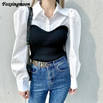Kadın Bluz Bahar Sonbahar Yeni Örme Siyah Ve Beyaz Dikiş İnce Kazak Sahte İki parçalı Uzun Kollu Kazak Gömlek Üst 0