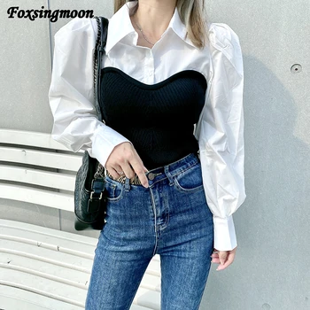 Kadın Bluz Bahar Sonbahar Yeni Örme Siyah Ve Beyaz Dikiş İnce Kazak Sahte İki parçalı Uzun Kollu Kazak Gömlek Üst 1