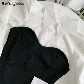 Kadın Bluz Bahar Sonbahar Yeni Örme Siyah Ve Beyaz Dikiş İnce Kazak Sahte İki parçalı Uzun Kollu Kazak Gömlek Üst 4