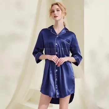 Kadın Gecelik Yaka Saten Gecelik Düğmeli Uyku Gömlek Yaz Kısa Kollu Pijama Seksi Gevşek İç Çamaşırı Salonu