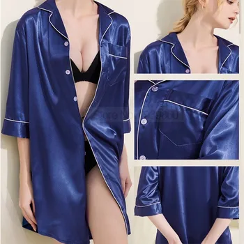 Kadın Gecelik Yaka Saten Gecelik Düğmeli Uyku Gömlek Yaz Kısa Kollu Pijama Seksi Gevşek İç Çamaşırı Salonu 1