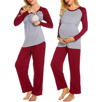 Kadın Hamile Pijama 2 adet Set Yaz Kısa Kollu Katı Hemşirelik t-shirt + pantolon Pijama Seti Emzirme Kıyafeti 0