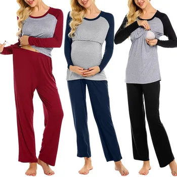 Kadın Hamile Pijama 2 adet Set Yaz Kısa Kollu Katı Hemşirelik t-shirt + pantolon Pijama Seti Emzirme Kıyafeti 1