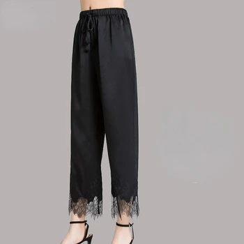 Kadın İpek pantolon Yaz İnce Siyah Kırpılmış Pantolon Kadınlar için Geniş bacak Pantolon Yüksek Bel Düz Dut İpek Pantolon Zm2739