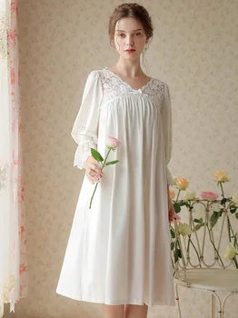 Kadın Saf Pamuk Dantel Ruffles Prenses Nightgowns Robe V Yaka Uzun Victoria Romantik Vintage Pijama Gecelik Gecelik