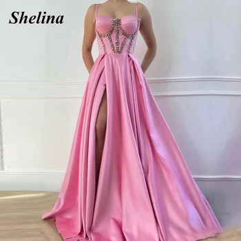 Klasik Sevgiliye Balo Abiye Spagetti Askı Plise Yarık Rhinestone Balo Elbise Vestidos Elbiseler De Soirée Sipariş Made