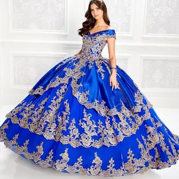 Kraliyet Mavi Ucuz Quinceanera elbise Balo Kapalı Omuz Aplikler Boncuklu Puf Tatlı 16 Elbiseler
