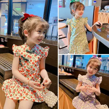 Kızlar Cheongsam Elbise Yaz 2022 Yeni Bebek Çocuk Çin Tarzı Cheongsam Düğüm Düğmesi Çocuk Sevimli Çiçek Elbise