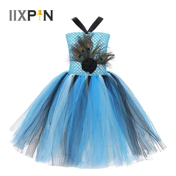 Kızlar tutu elbise Kolsuz Tavuskuşu Tüyü 3D Çiçek Aplike Örgü Tutu Elbise Cadılar Bayramı Karnaval Cosplay Doğum Günü Partisi