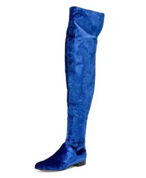 Kış Mavi Mor Pembe Kadife Yuvarlak Ayak Diz Üzerinde Düz Çizmeler Kadın Ince Fermuar Geri Rahat Uyluk Eğlence Uzun Botas