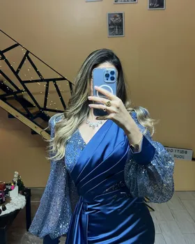 Lacivert Glitter Abiye Düğün Törenlerinde V Boyun Uzun Kabarık Kollu Mermaid Saten Arapça Ünlü Balo Elbise 1